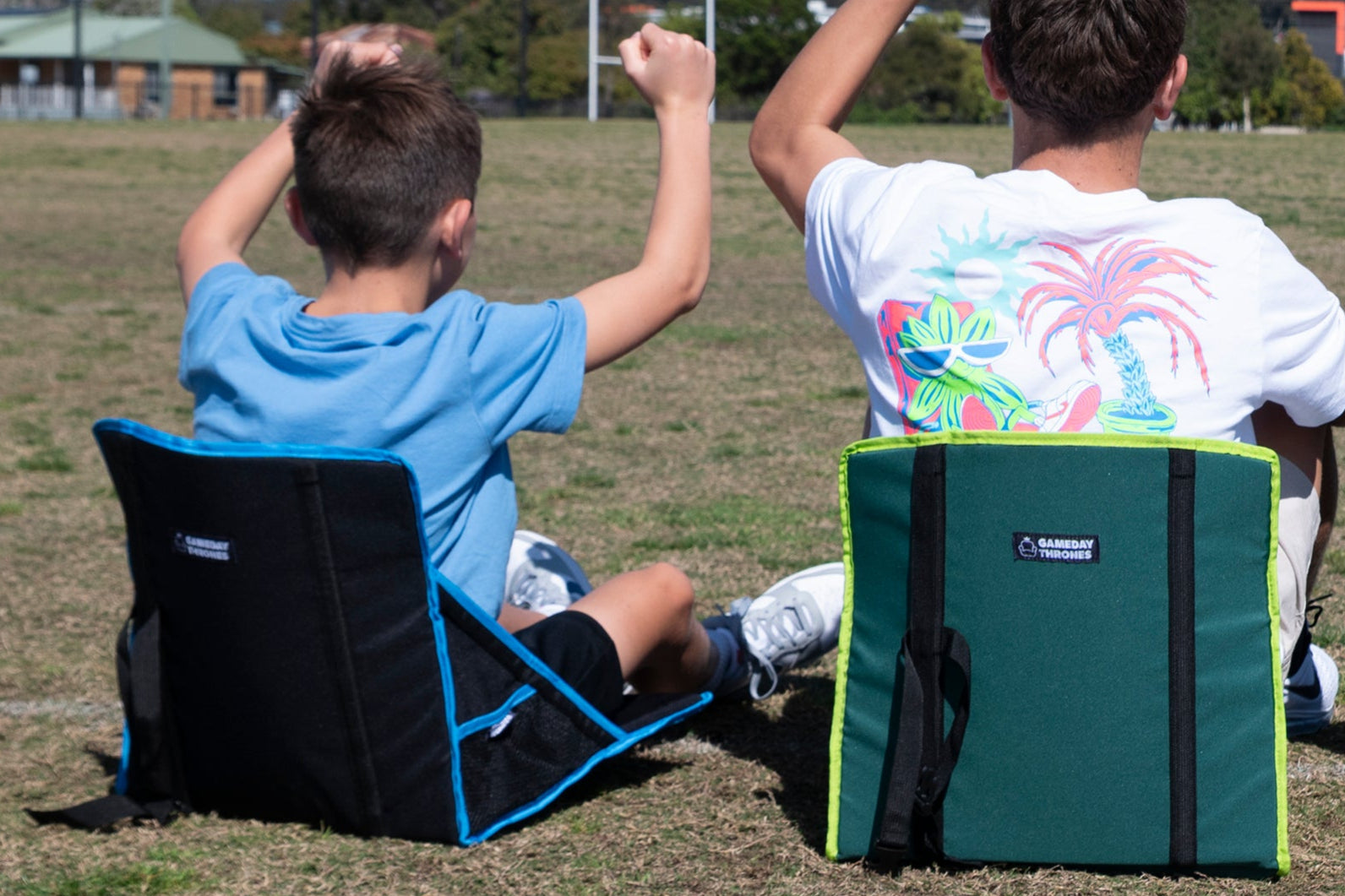 Gameday Throne™ - Cushioned Base + Back Support - The Shockwave (Black/Blue)